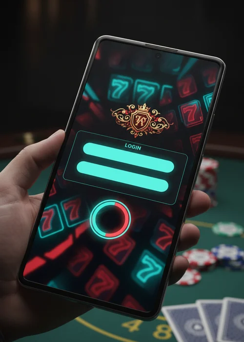 Screenshot of Oswin Casino login page displaying username and password fields, with a background of vibrant slot machines.